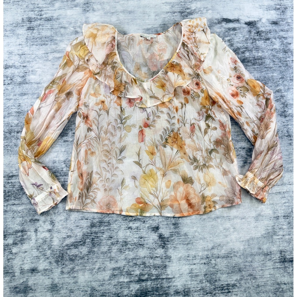 Lucky & Coco Women Small Floral Ruffle Neck Tencel Blend Long Sleeve Blouse Top